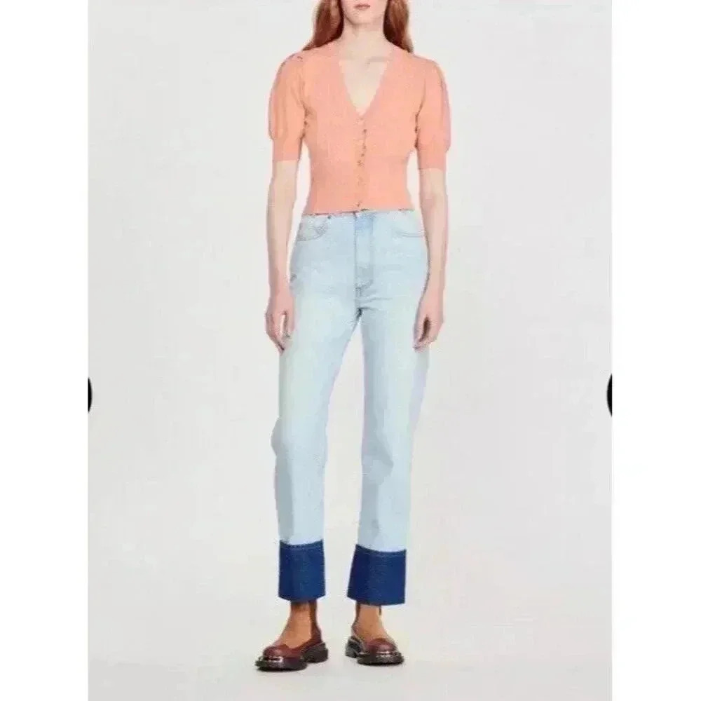 Sandro Passiflore Pointelle Short Sleeve Cardigan Salmon/Pink Size xs/s/1